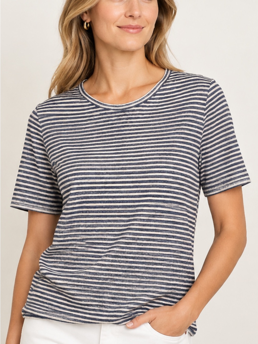 J. McLaughlin Navy & White Striped Linen Blend Tee - Size Medium